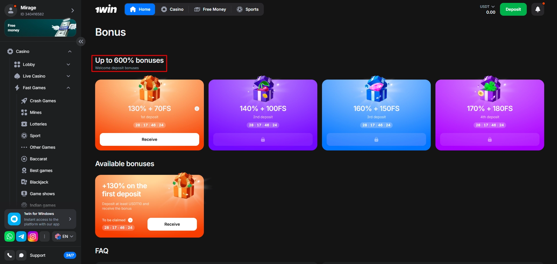 1Win casino crypto welcome bonus offering 600 percent match and spins.