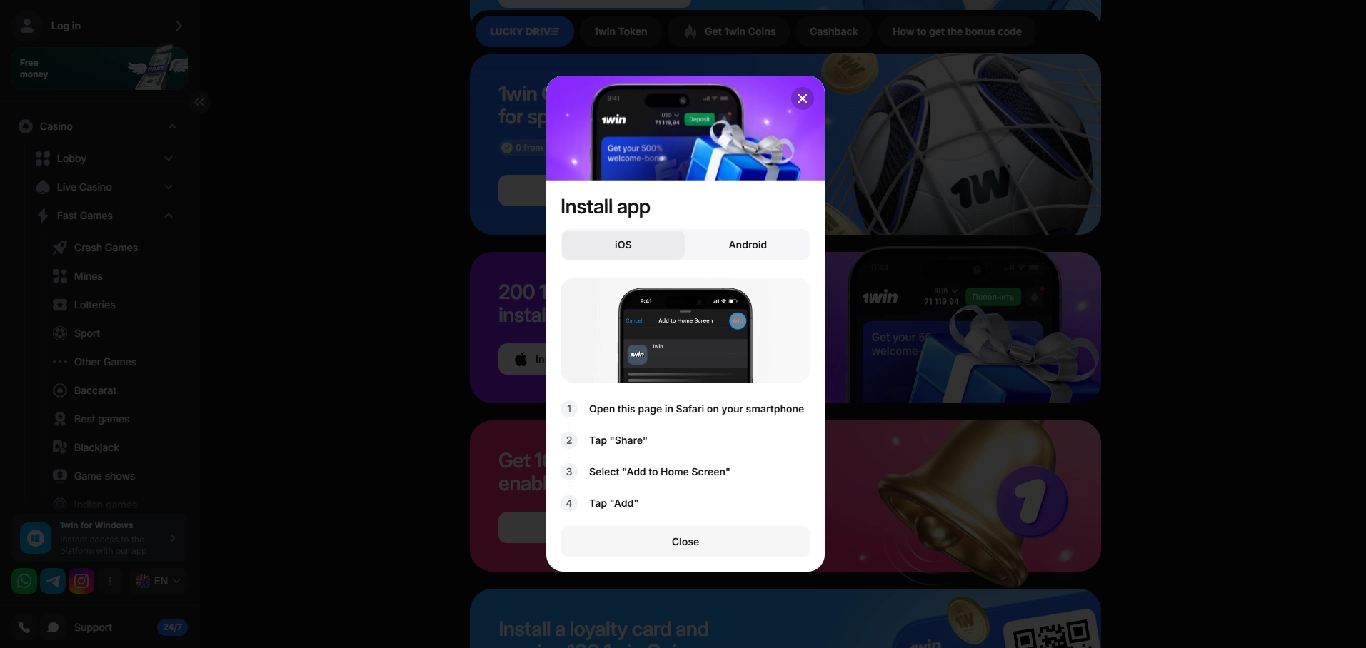 Step by step installation instructions for 1Win casino app on iOS.