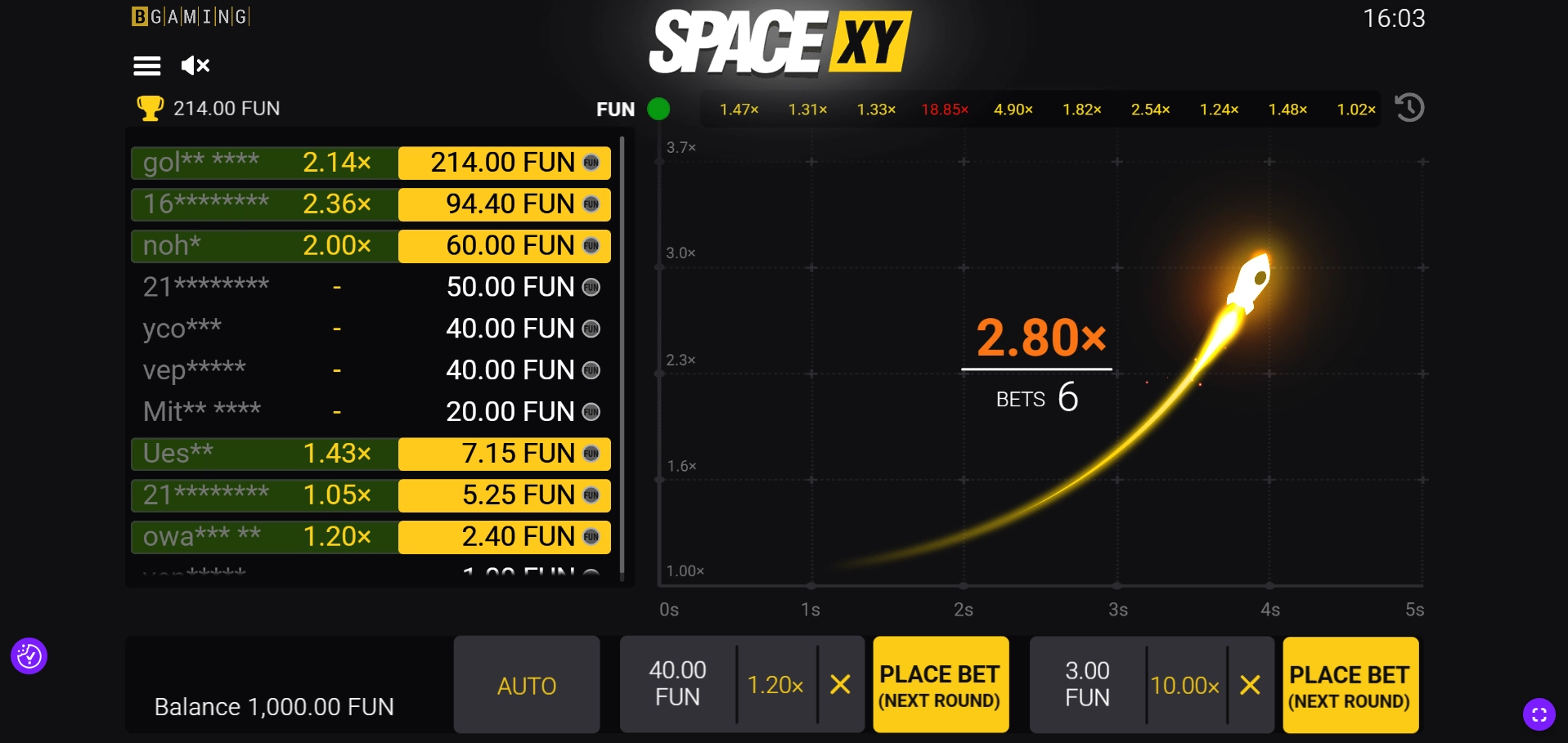 Space XY by BGaming showing game round and dual betting panel.