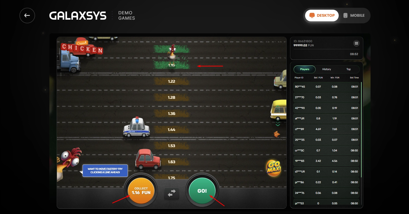 Overview of the different betting options and panel layout in the real game.
