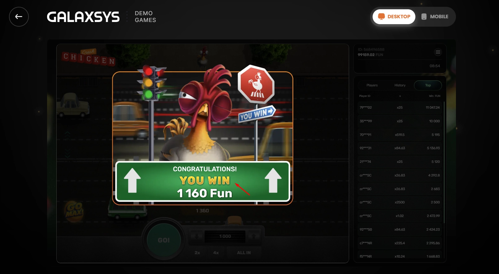 Detailed view of a successful payout multiplier collection in a winning game round.