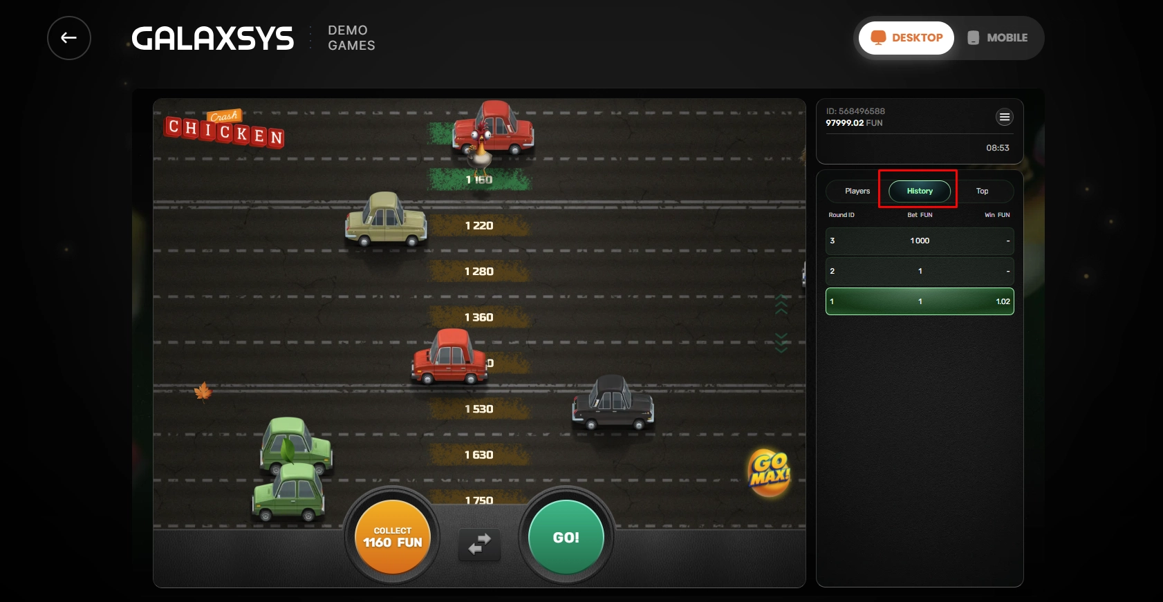 The detailed statistics panel showing recent winning multipliers and game history data.