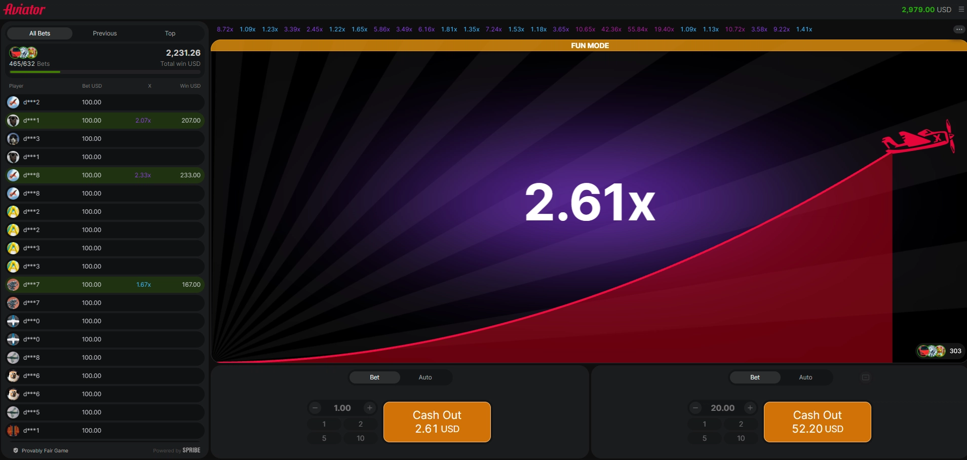 Aviator by Spribe game round featuring two active bets and cashout options.