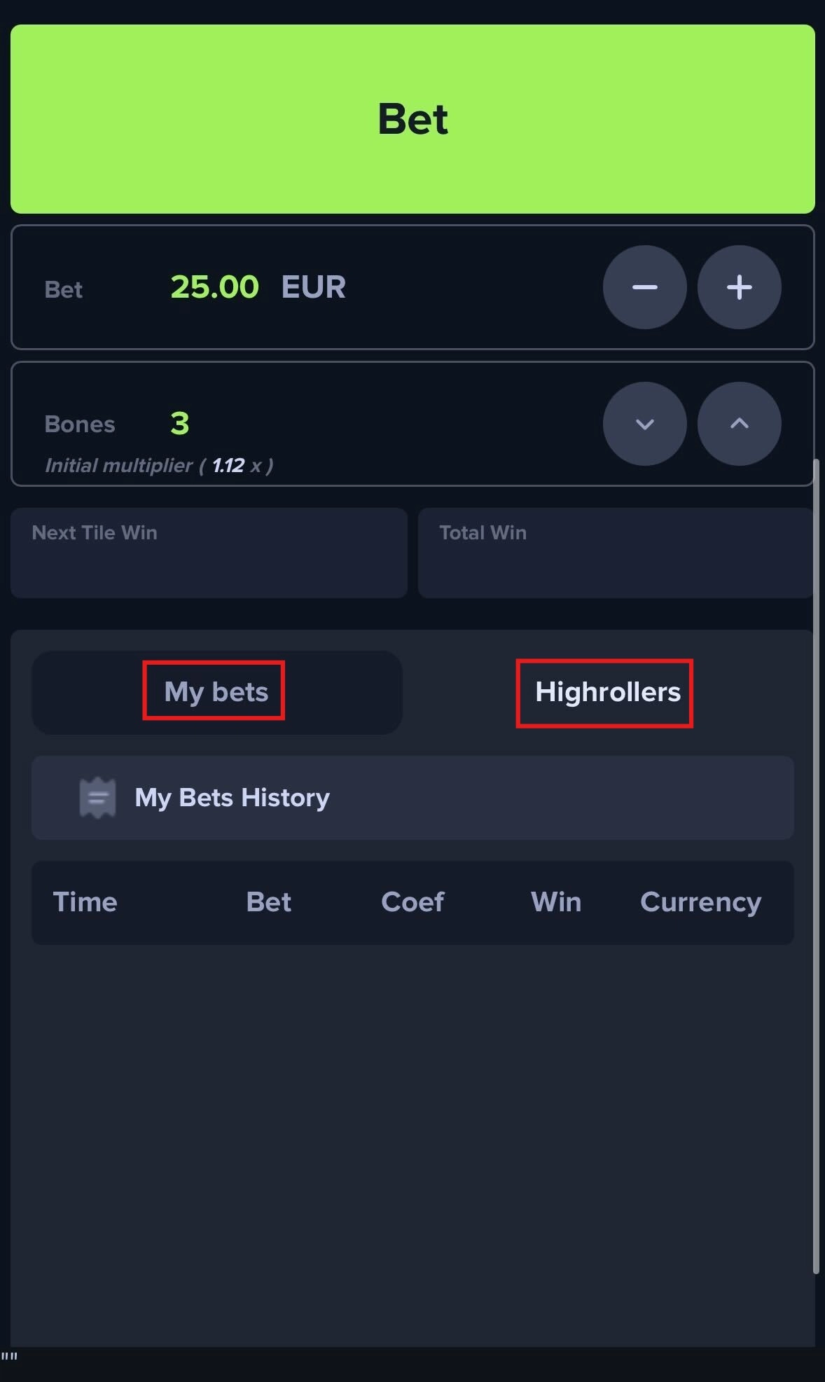MyStake Chicken mobile interface displaying bet history and high roller player pages.