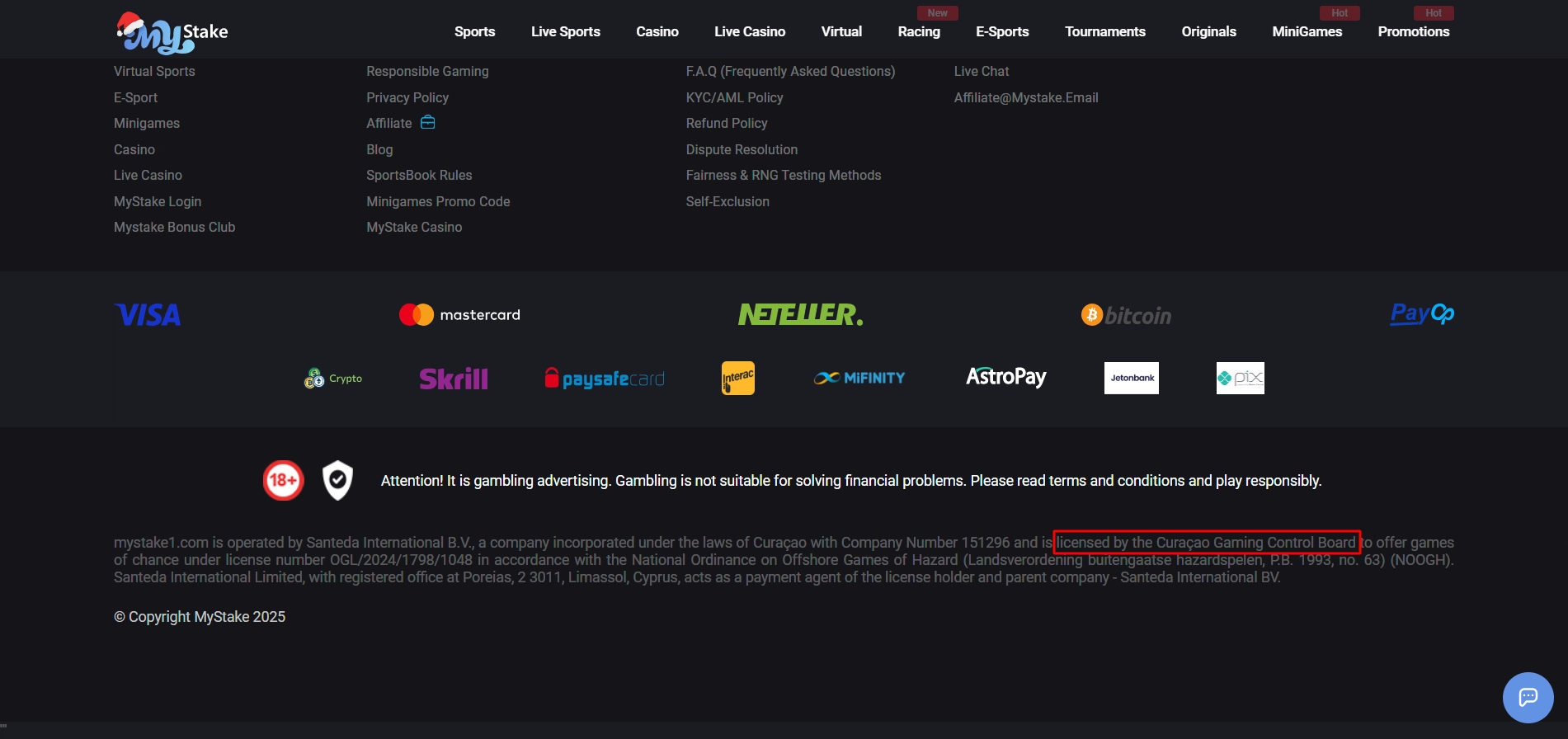 MyStake casino footer displaying an active gaming license from Curaçao Gaming Authority.