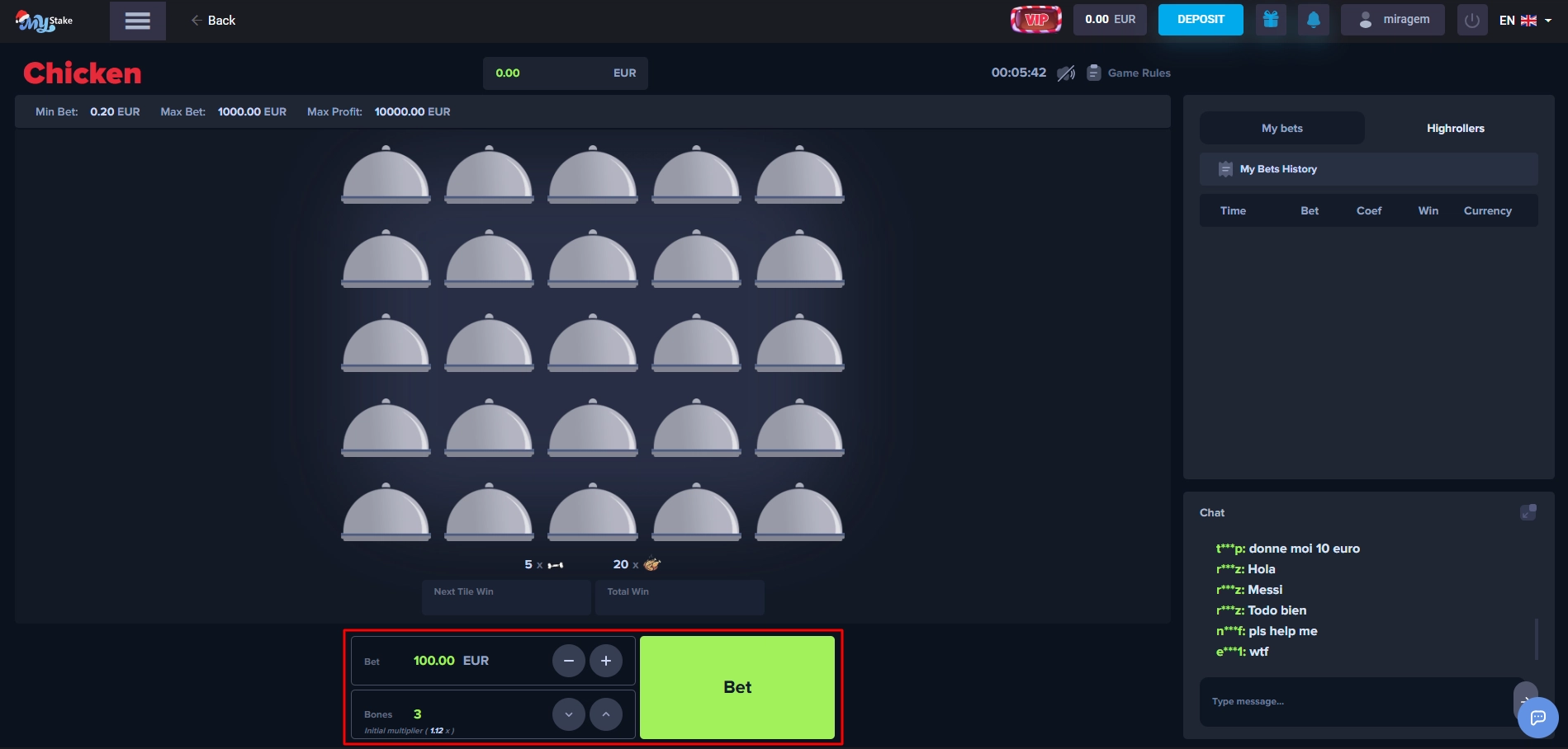 MyStake Chicken high value wager screenshot with three bone symbols currently active.
