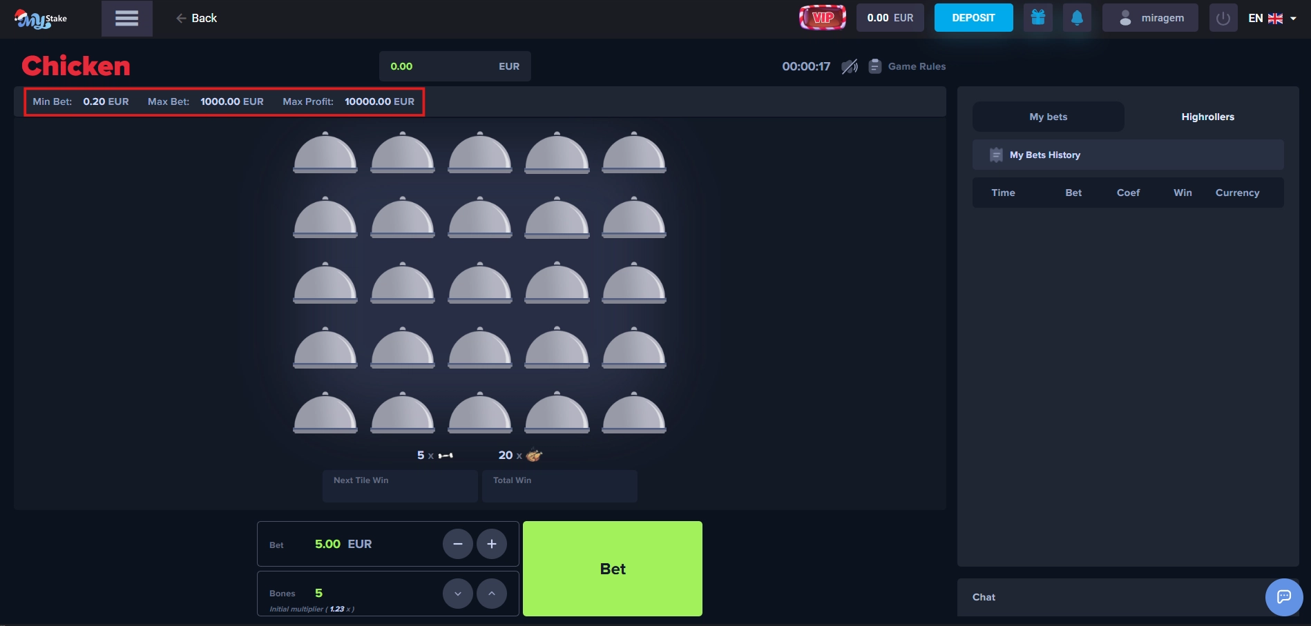 MyStake Chicken main play area displaying minimum and maximum betting range values.