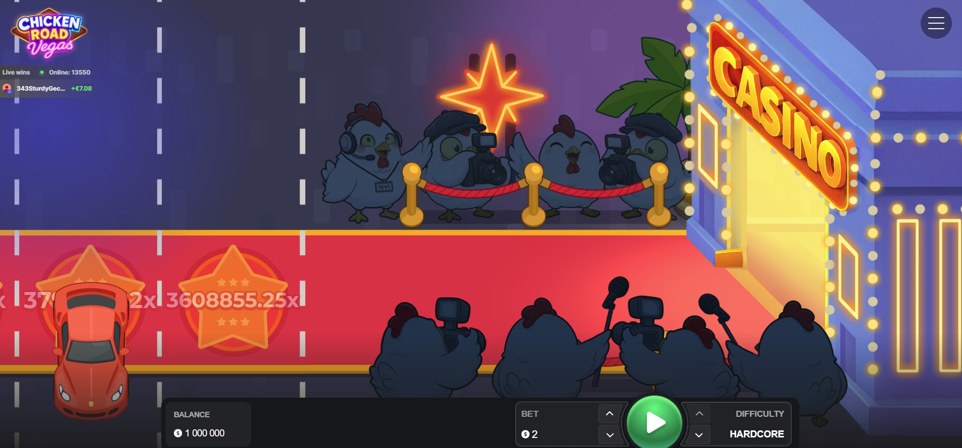 Interface de jeu Chicken Road Vegas montrant les différentes options de difficulté