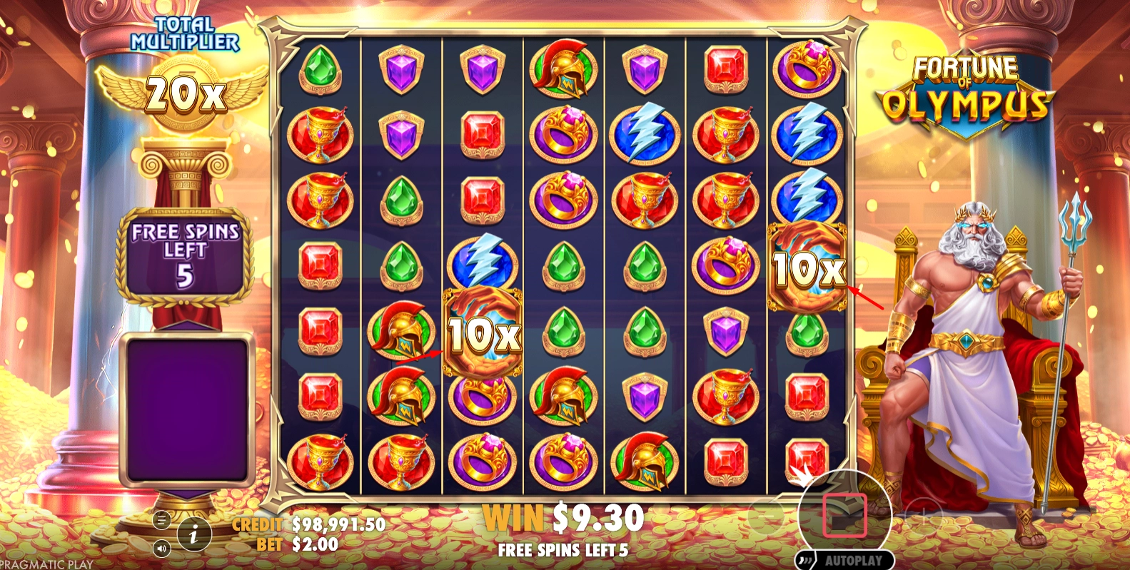 A 10x multiplier symbol landing during a winning cluster in Fortune of Olympus.