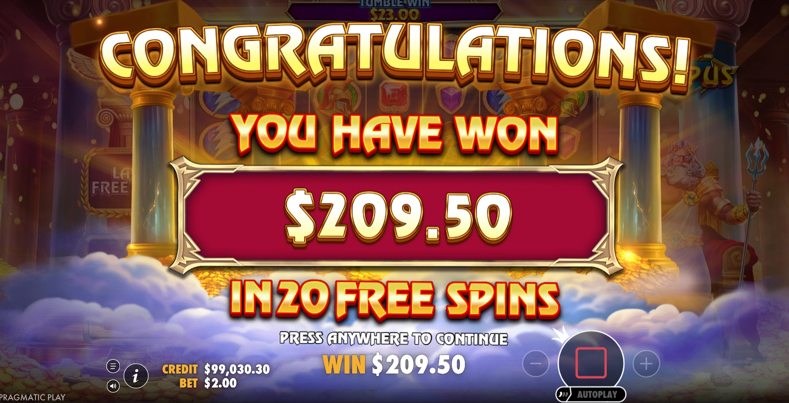 A spectacular big win celebration appearing on the screen during a Fortune of Olympus session.