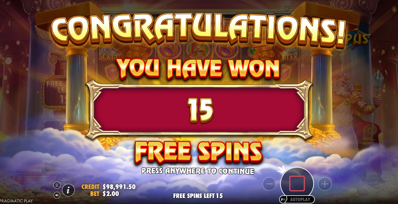 A message on the interface showing free spins successfully awarded to the player.