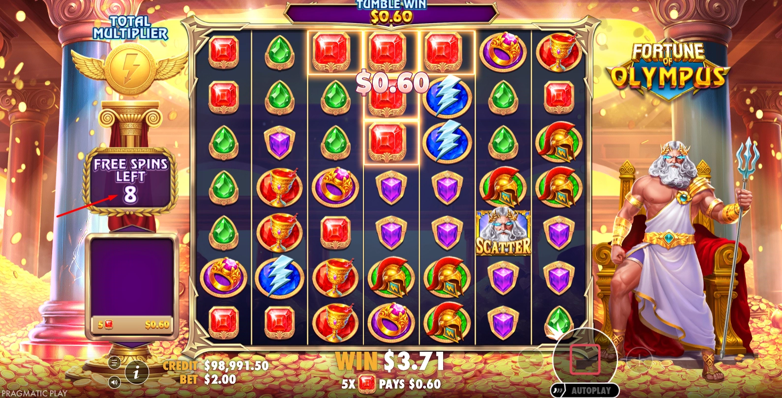 An action-packed scene from the free spins bonus round in Fortune of Olympus.
