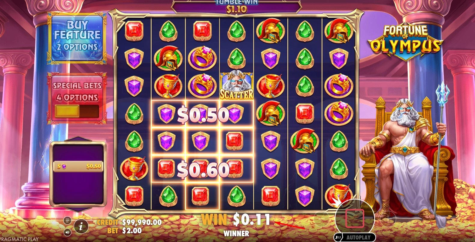 A winning cluster payline highlighted after a successful spin in Fortune of Olympus.