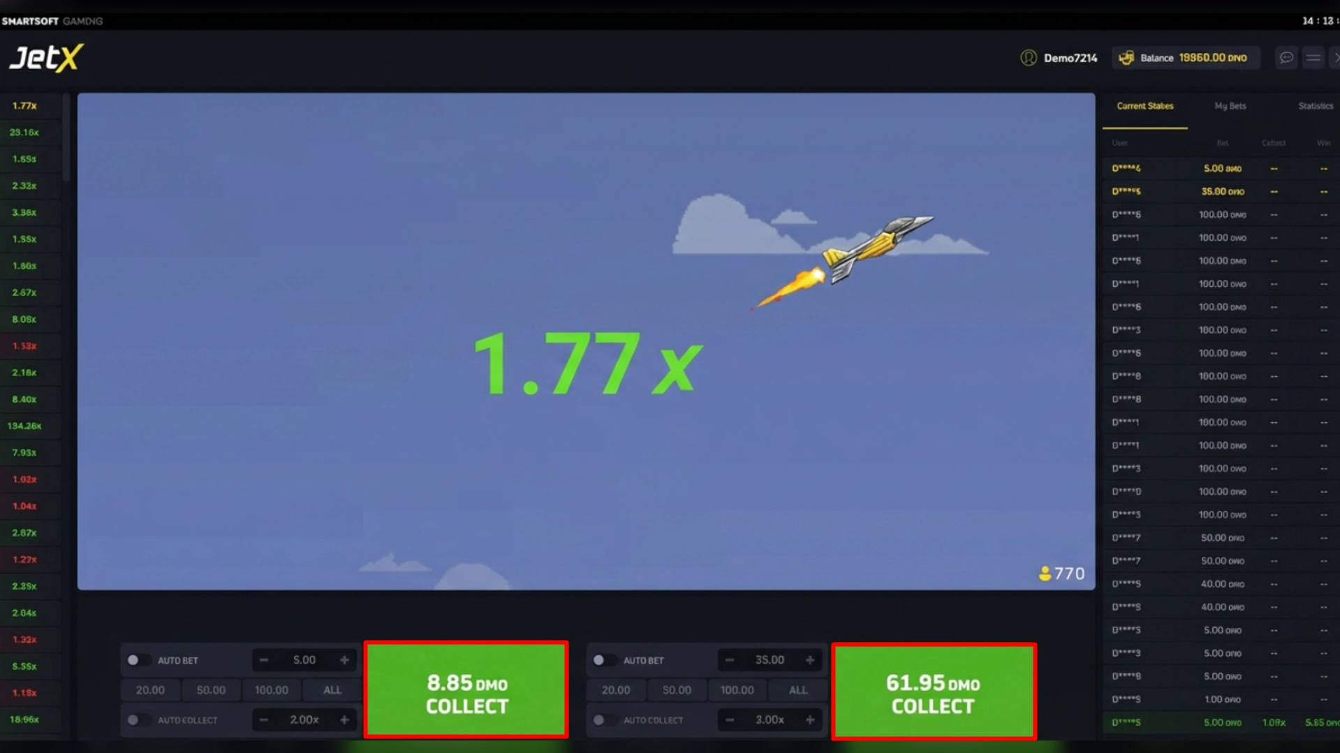 Active JetX round displaying flying jet interface with double wagering options