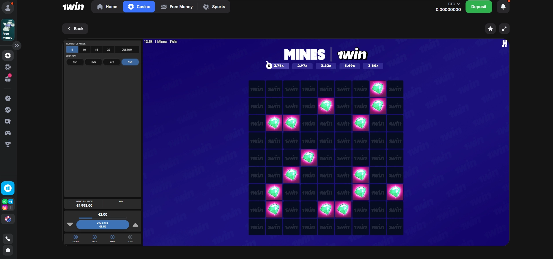 Mines game on nine by nine grid showing diamonds and high multipliers.