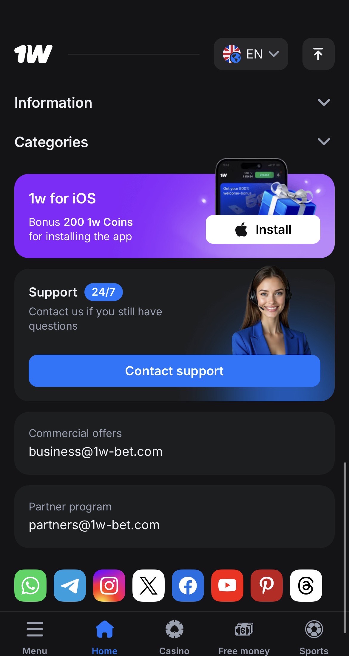 Mobile popup displaying iOS and Android installation steps for the 1Win app.