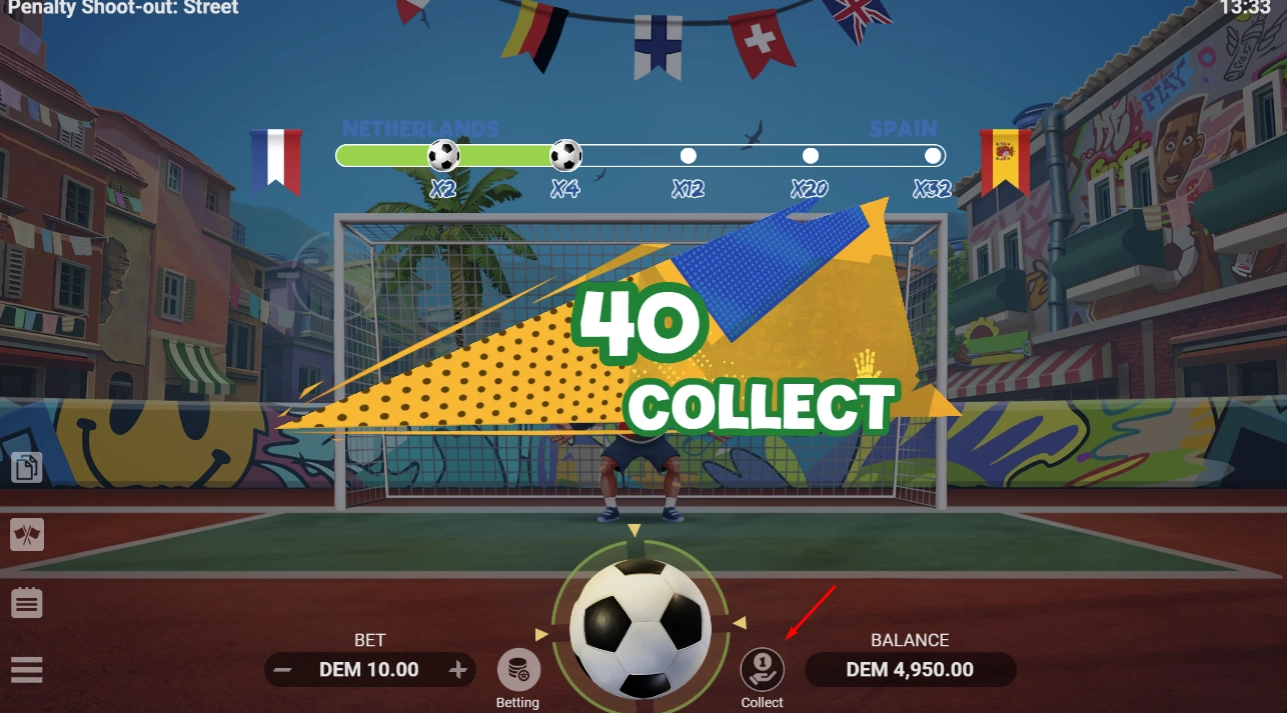 Button prompt to collect winnings after a successful penalty kick series