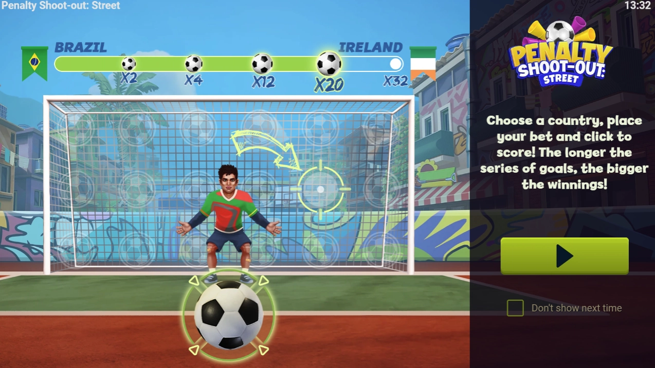 Main game overview showing the urban football setting and goalkeeper