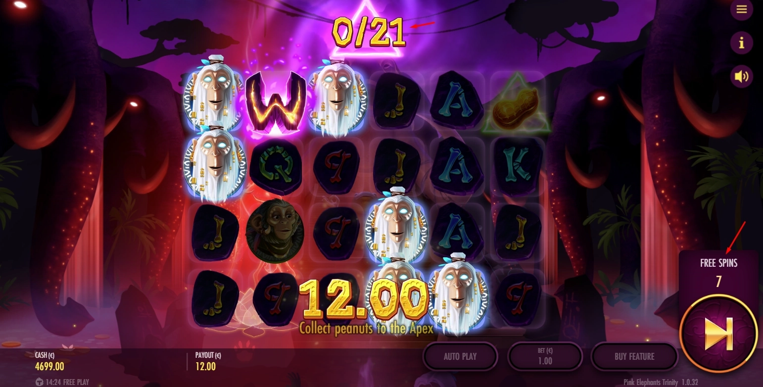 Three glowing peanut scatters triggering the bonus game free spins round