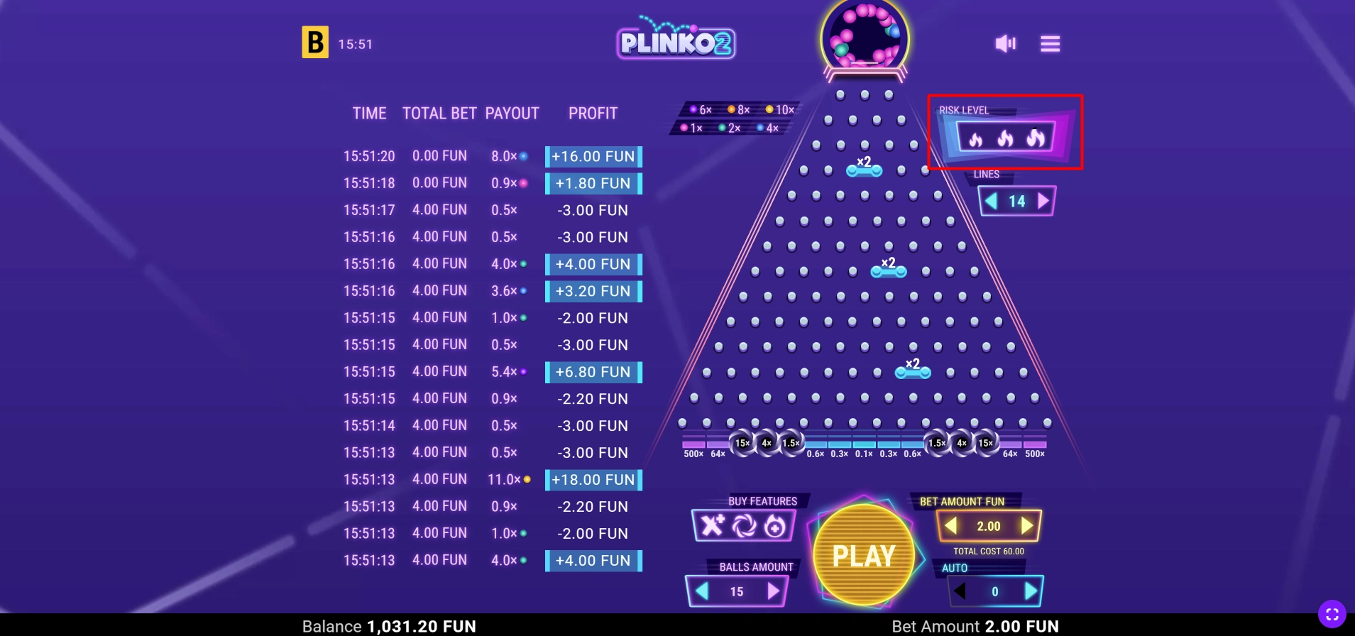 Switching to high risk volatility mode in the Plinko 2 interface for bigger wins
