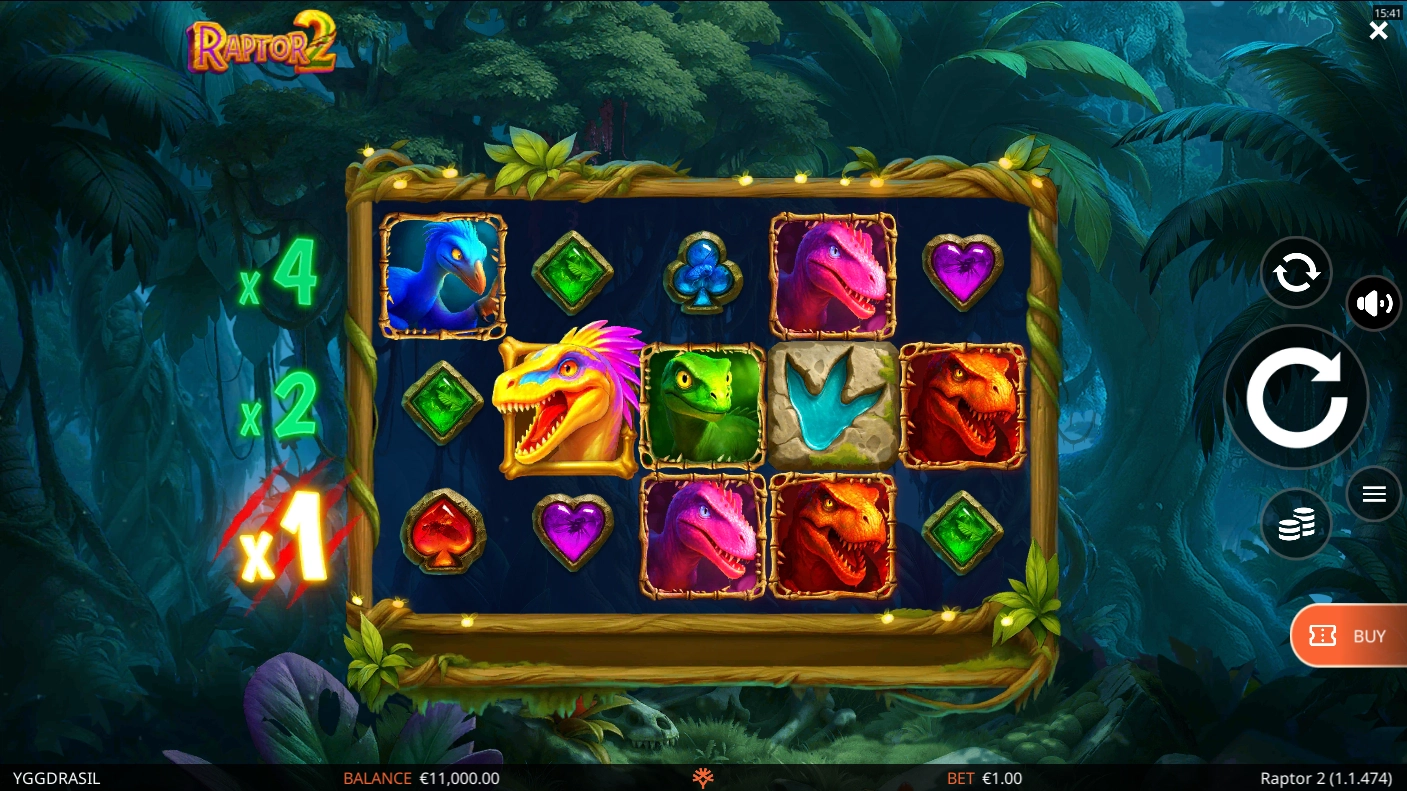 Base game graphics in Raptor 2 slot by Yggdrasil Gaming showing jungle visuals