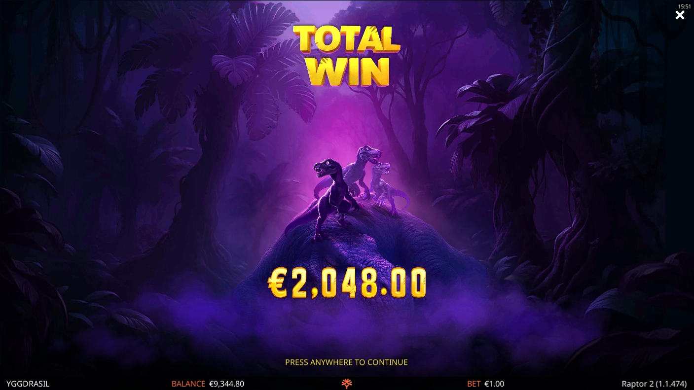 Big win during free spins in Raptor 2 by Yggdrasil showing total win amount