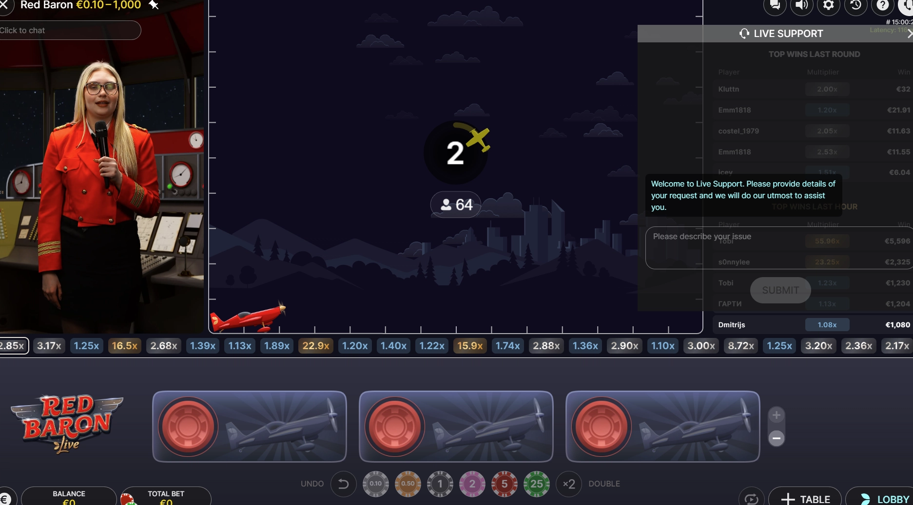 Image showing the customer support or help options in Red Baron Live.