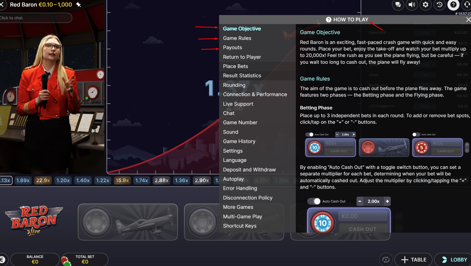 Interface showing the game rules and betting options for Red Baron Live.