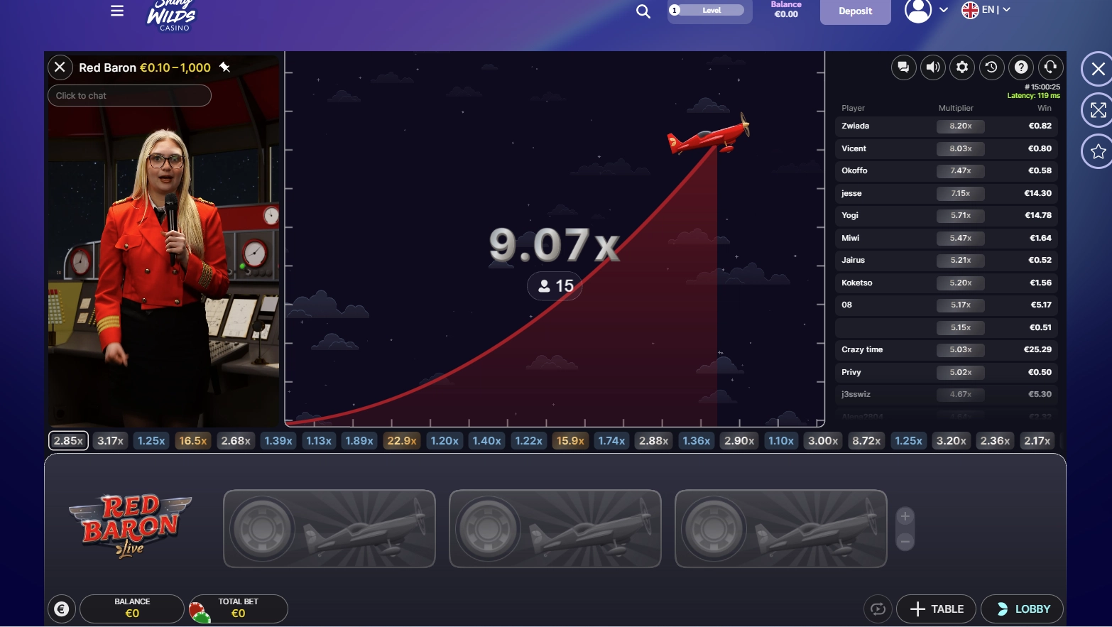 Close-up of the Red Baron Live multiplier rapidly increasing during flight.