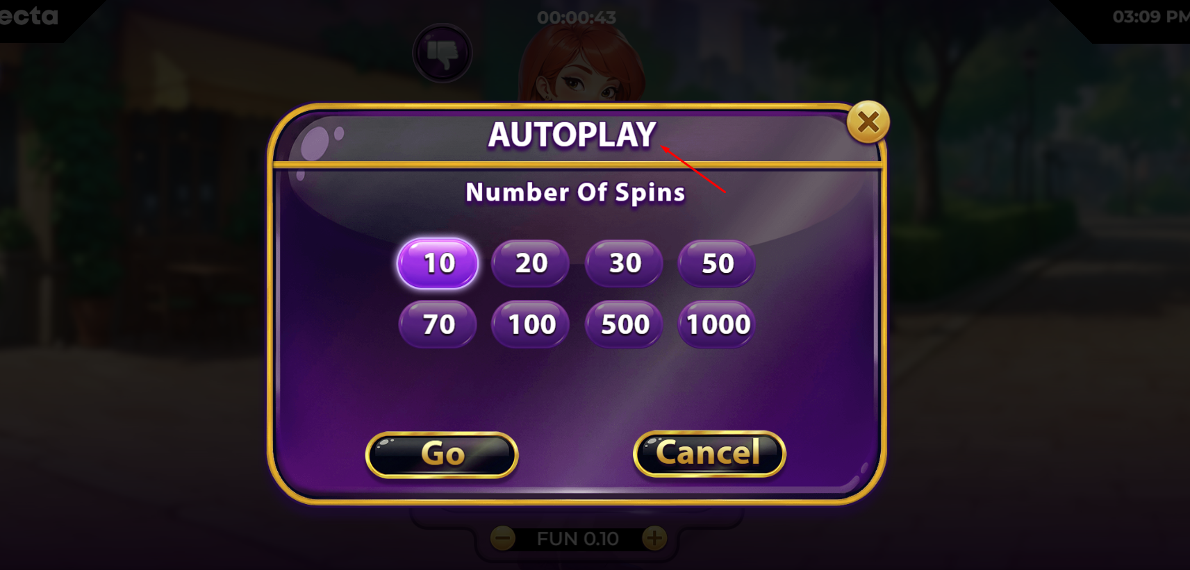 Interface showing the autoplay settings for automated dating rounds in the Spin Dating game