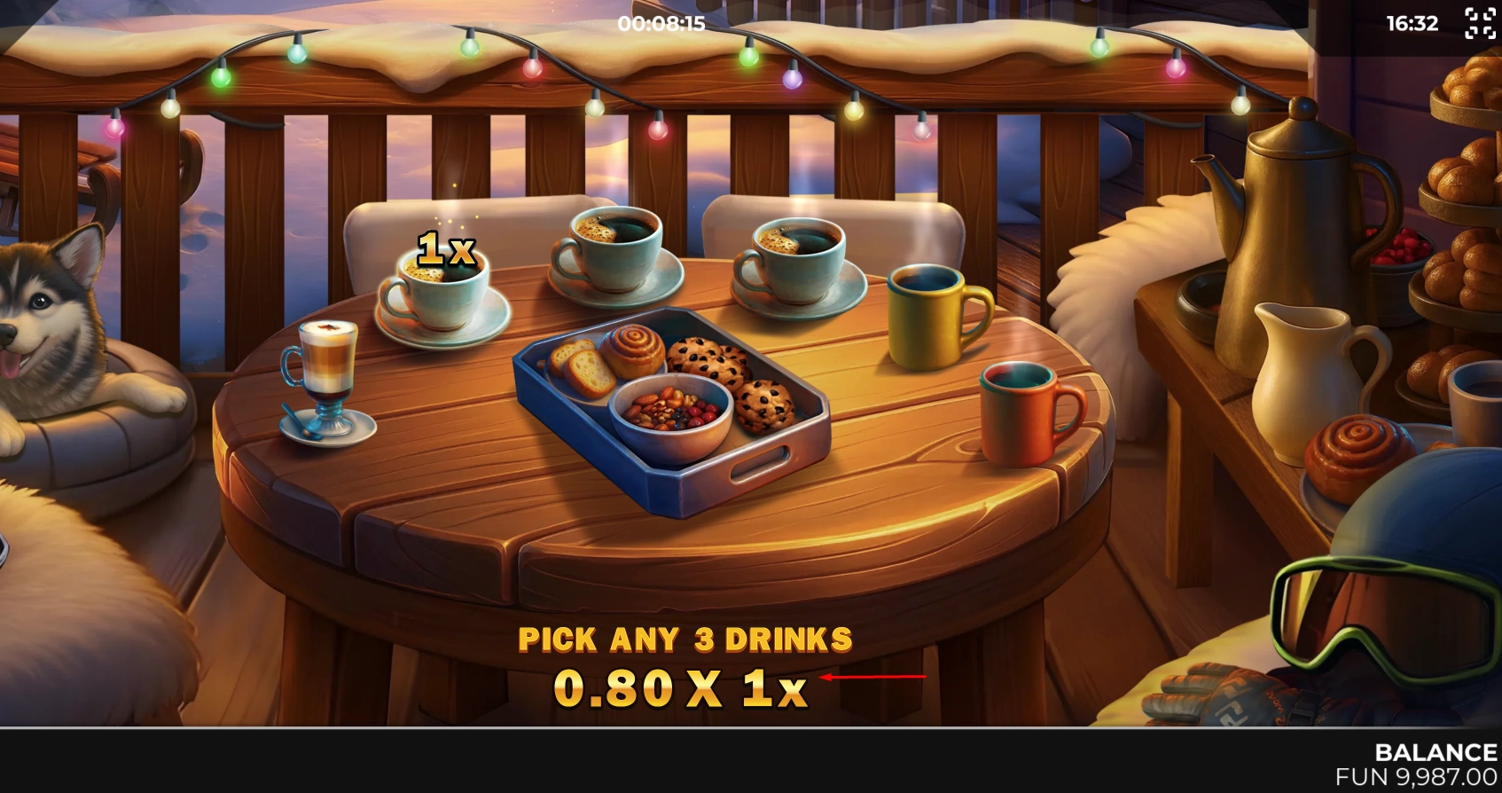 Player selecting beverages in the special pick-me game to reveal multipliers