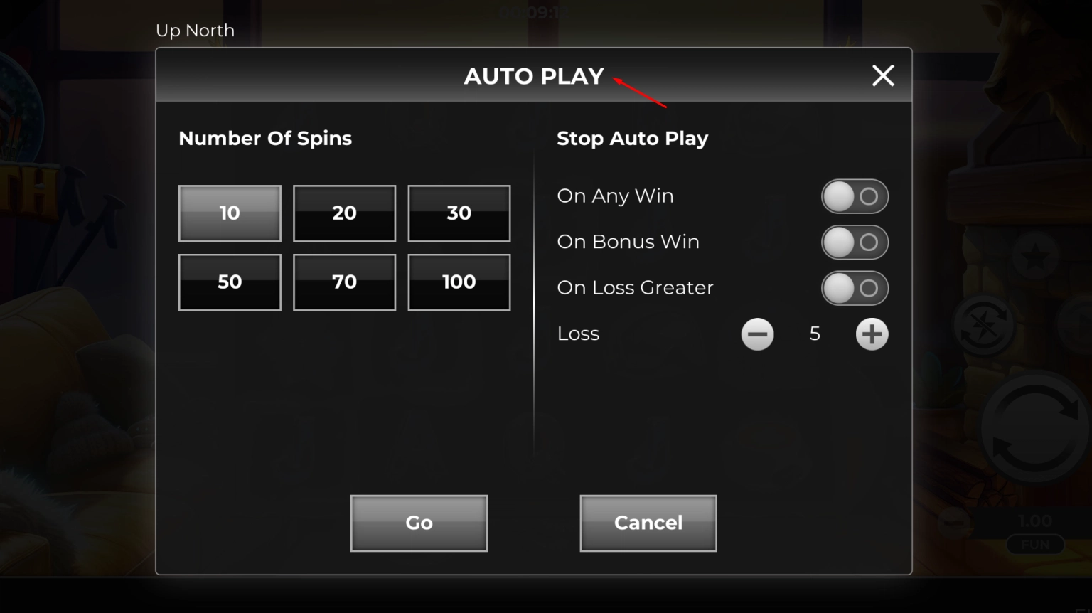 Setting up the autoplay option to spin reels automatically in Up North
